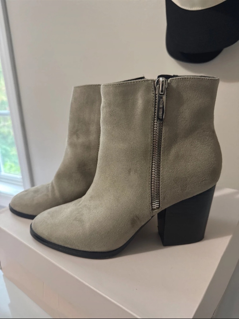 Nine West Suede Side-Zip Ankle Boots in Grey